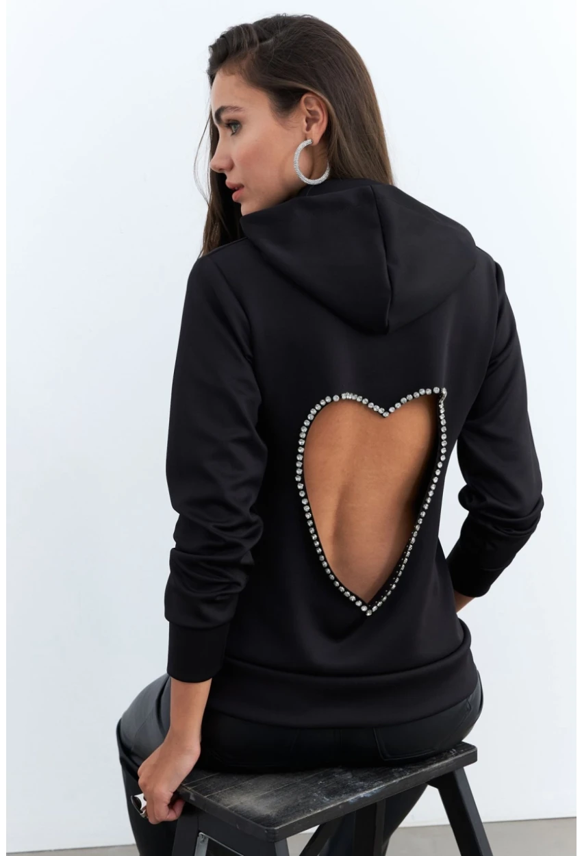 Kadın Siyah Sırt Dekolteli Taşlı Sweatshirt BTH15