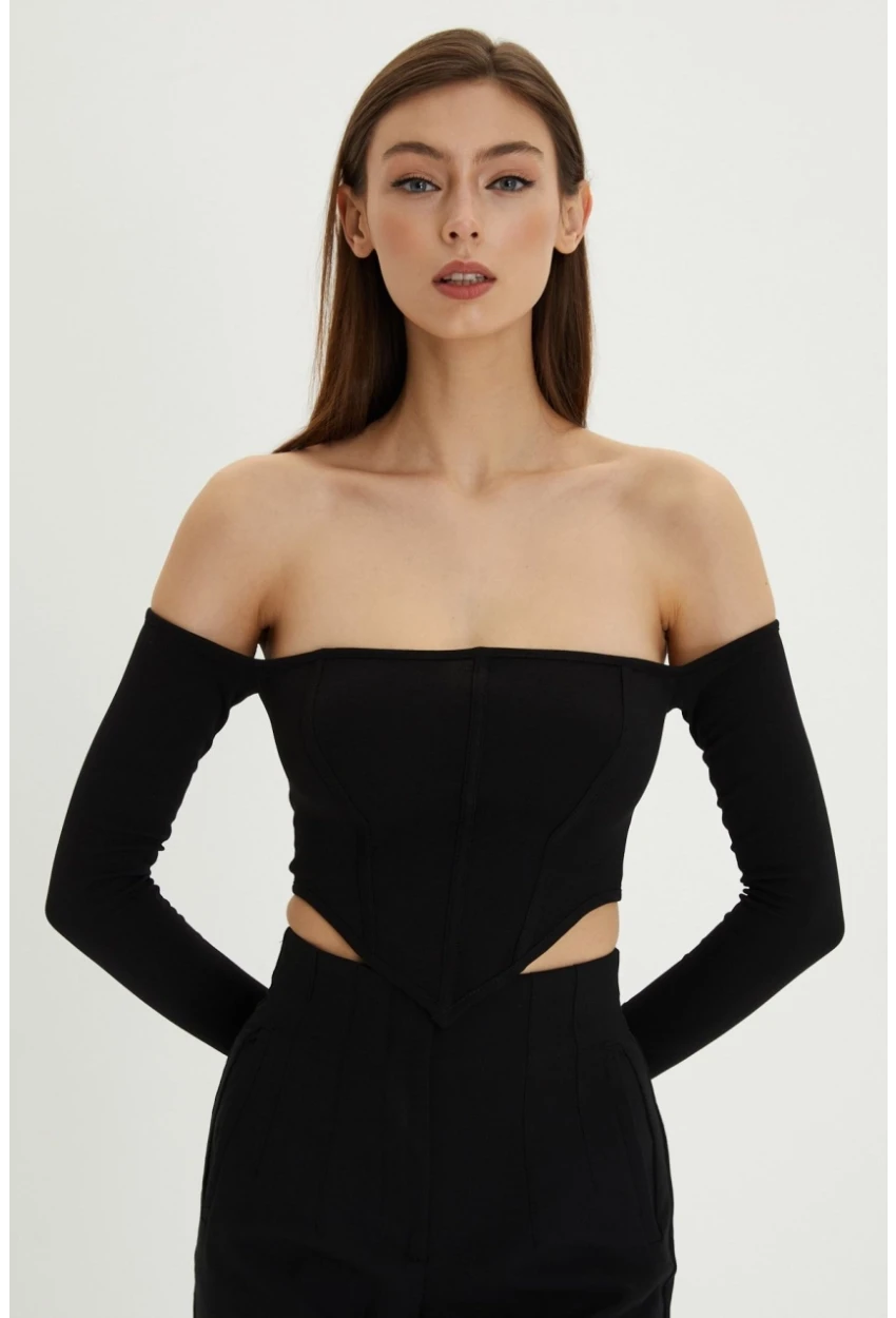 Kadın Siyah Sırt Fermuarlı Crop Bluz B518