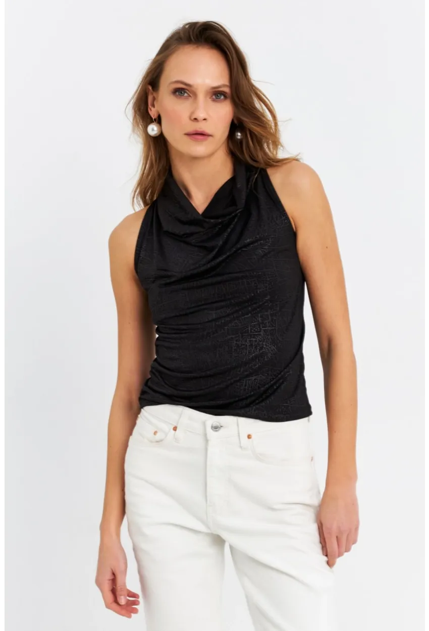 Kadın Siyah Sırt Pencereli Desenli Bluz LPP1021