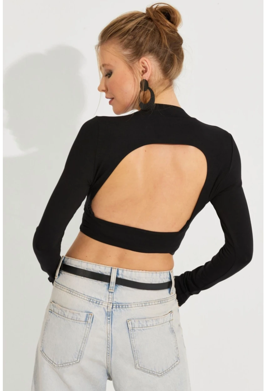 Kadın Siyah Sırtı Açık Crop Bluz B3072