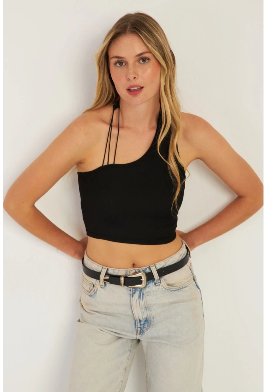 Kadın Siyah Sırtı Açık Crop Bluz CG345