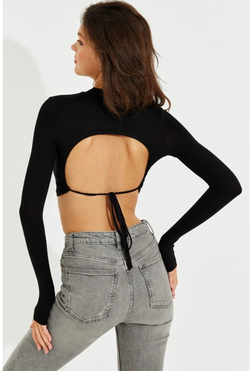Kadın Siyah Sırtı Açık Crop Bluz LPP1232