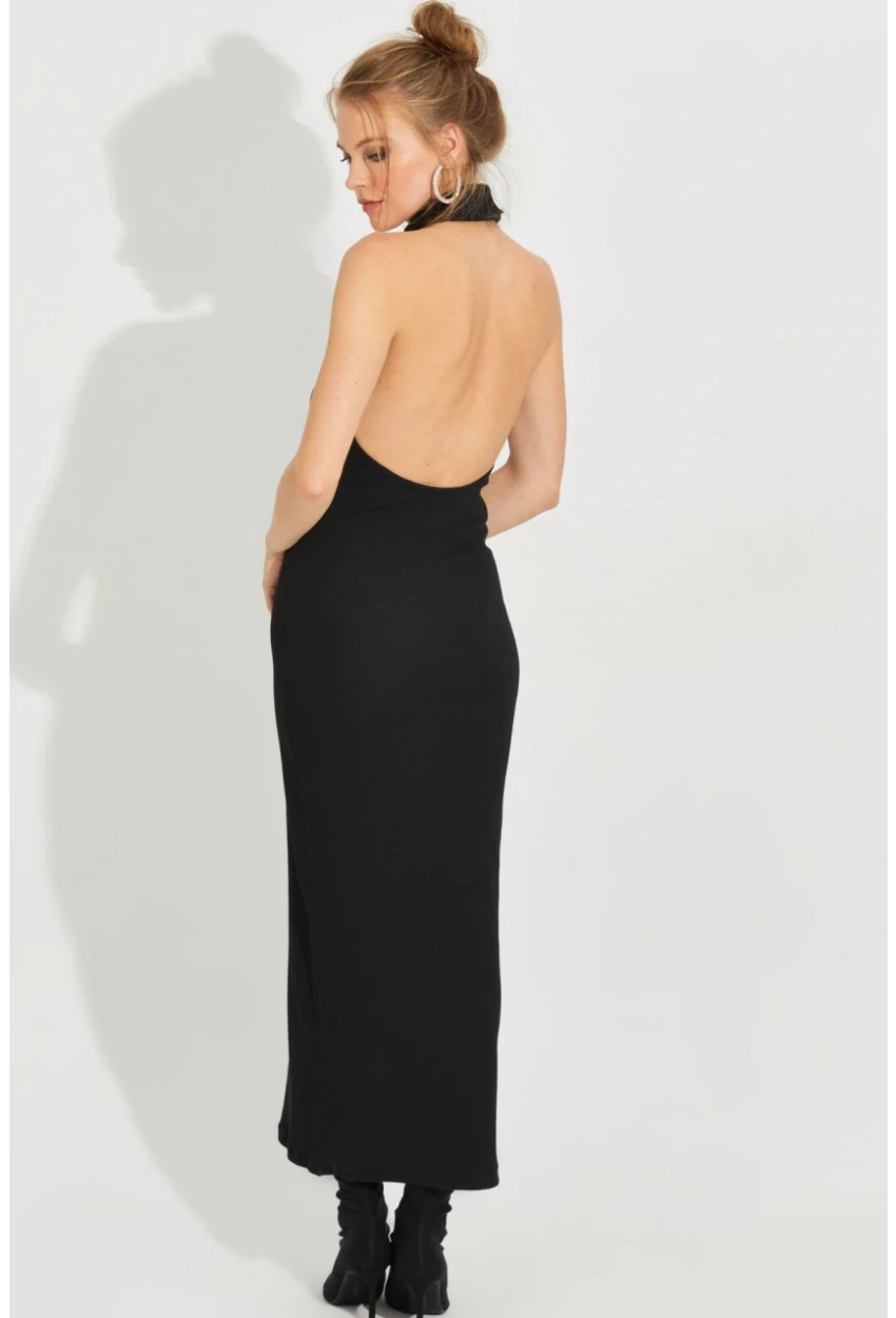 Kadın Siyah Sırtı Açık Kolsuz Kaşkorse Maxi Elbise EY2589