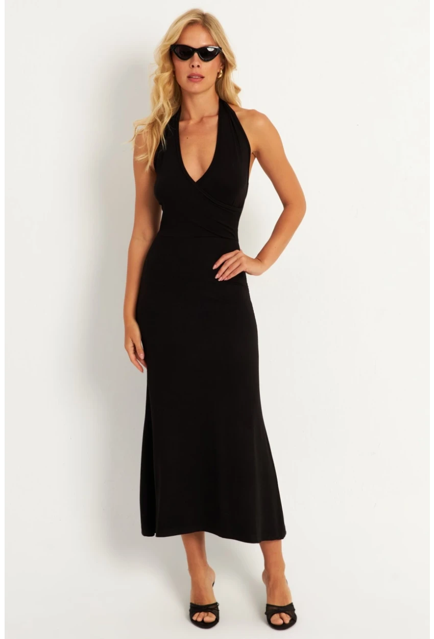 Kadın Siyah Sırtı Açık Kruvaze Midi Elbise EY2841