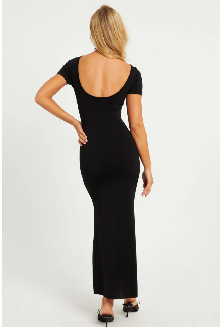 Kadın Siyah Sırtı Açık Maxi Elbise DMR306