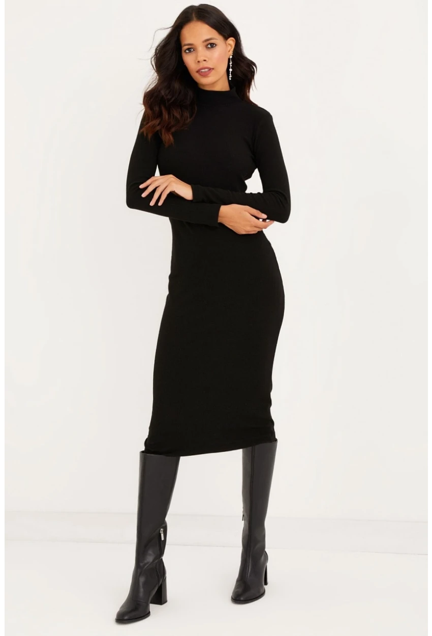 Kadın Siyah Sırtı Açık Midi Elbise EY1367