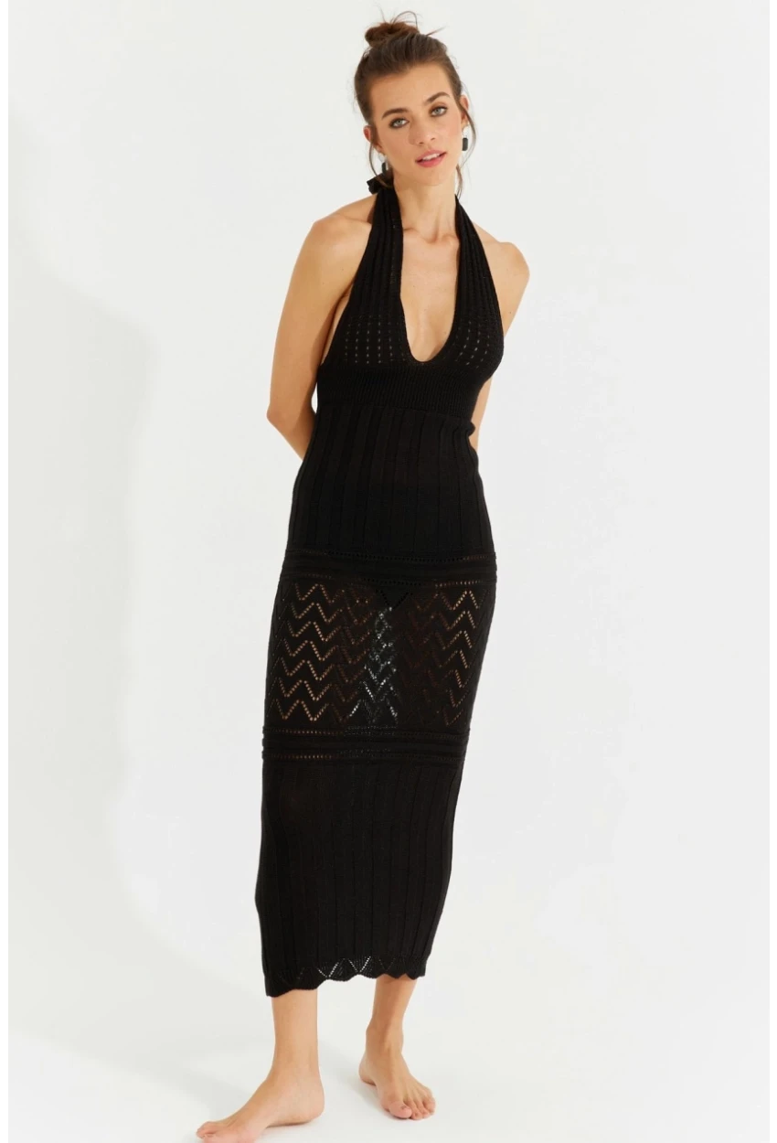 Kadın Siyah Sırtı Açık Triko Maxi Elbise SF2505
