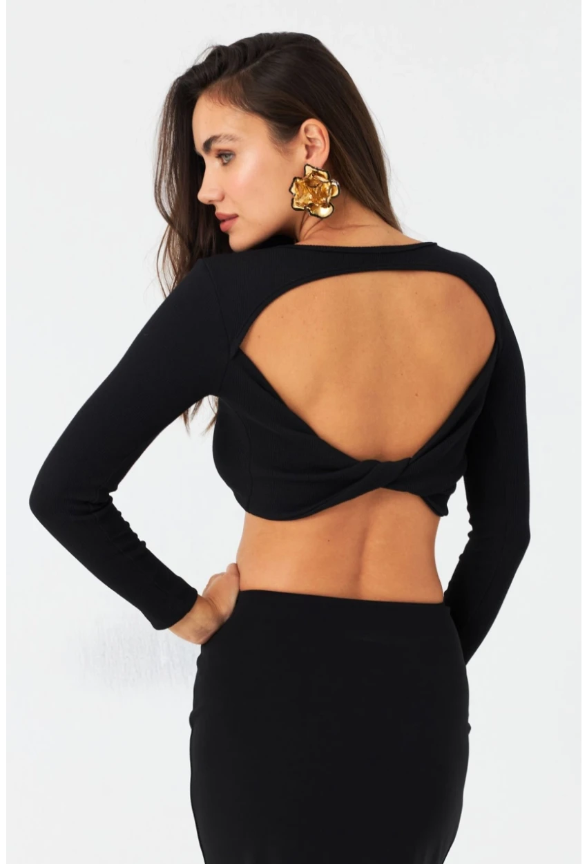 Kadın Siyah Sırtı Çapraz Kaşkorse Crop Bluz EY2975