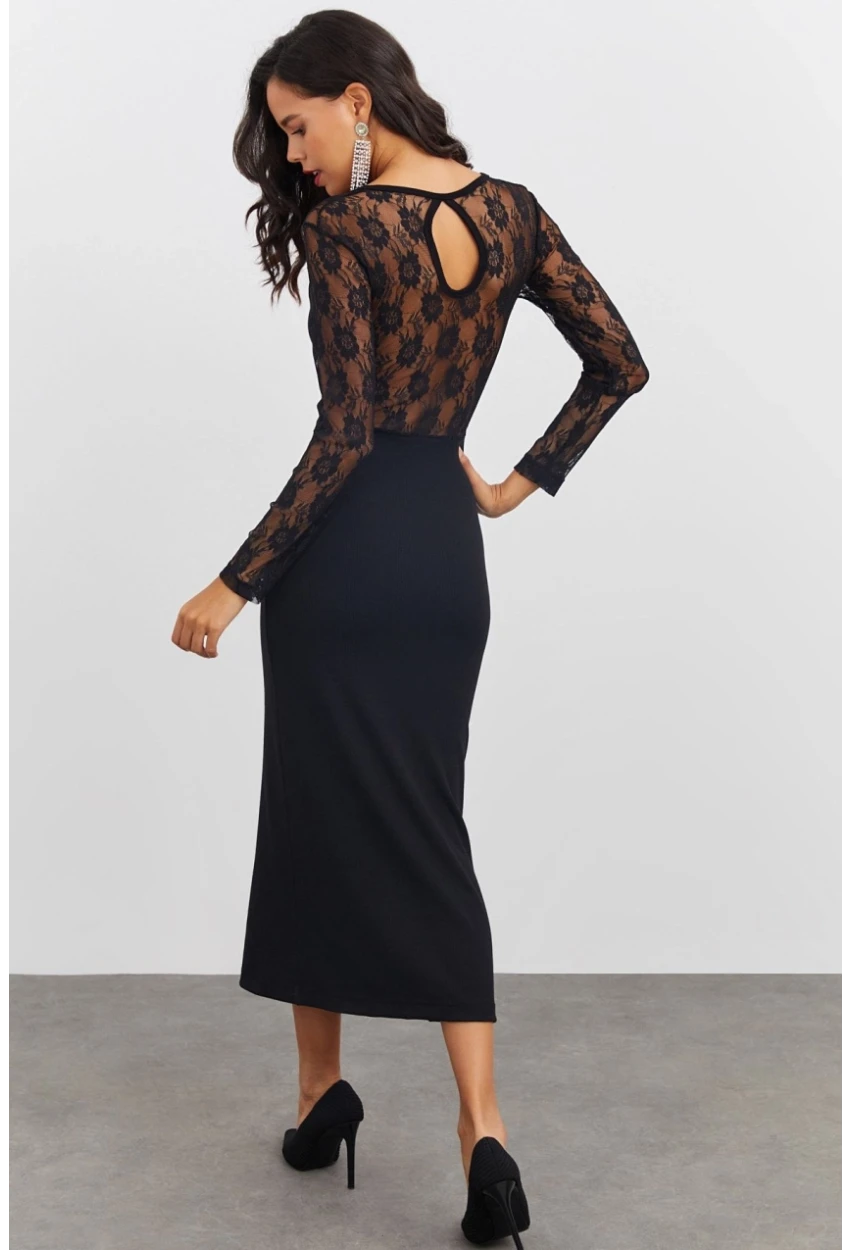Kadın Siyah Sırtı Dantel Midi Elbise EY2485