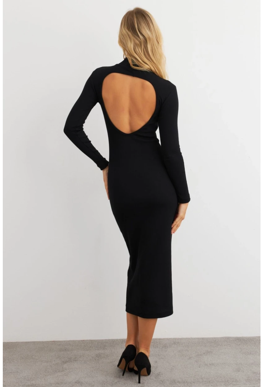 Kadın Siyah Sırtı Dekolteli Boğazlı Midi Elbise EY3012