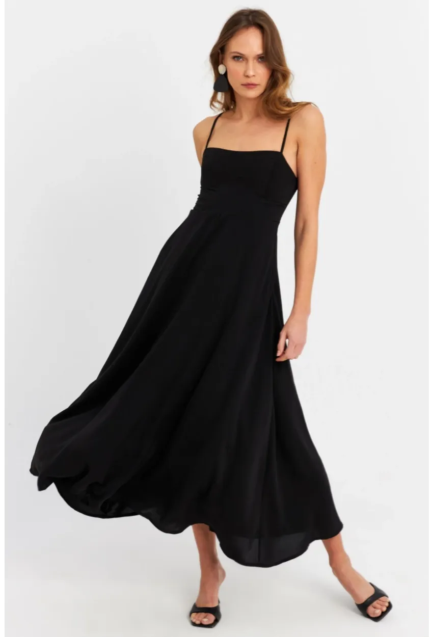 Kadın Siyah Sırtı Gipeli Astarlı Midi Elbise ERL10047