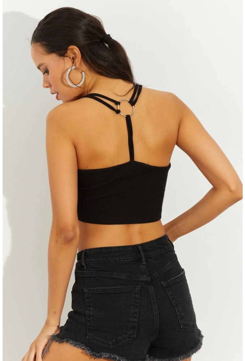 Kadın Siyah Sırtı Halkalı Kaşkorse Crop Bluz B2552