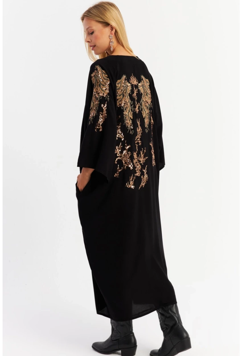 Kadın Siyah Sırtı Nakışlı Düğmeli Maxi Elbise ALO16