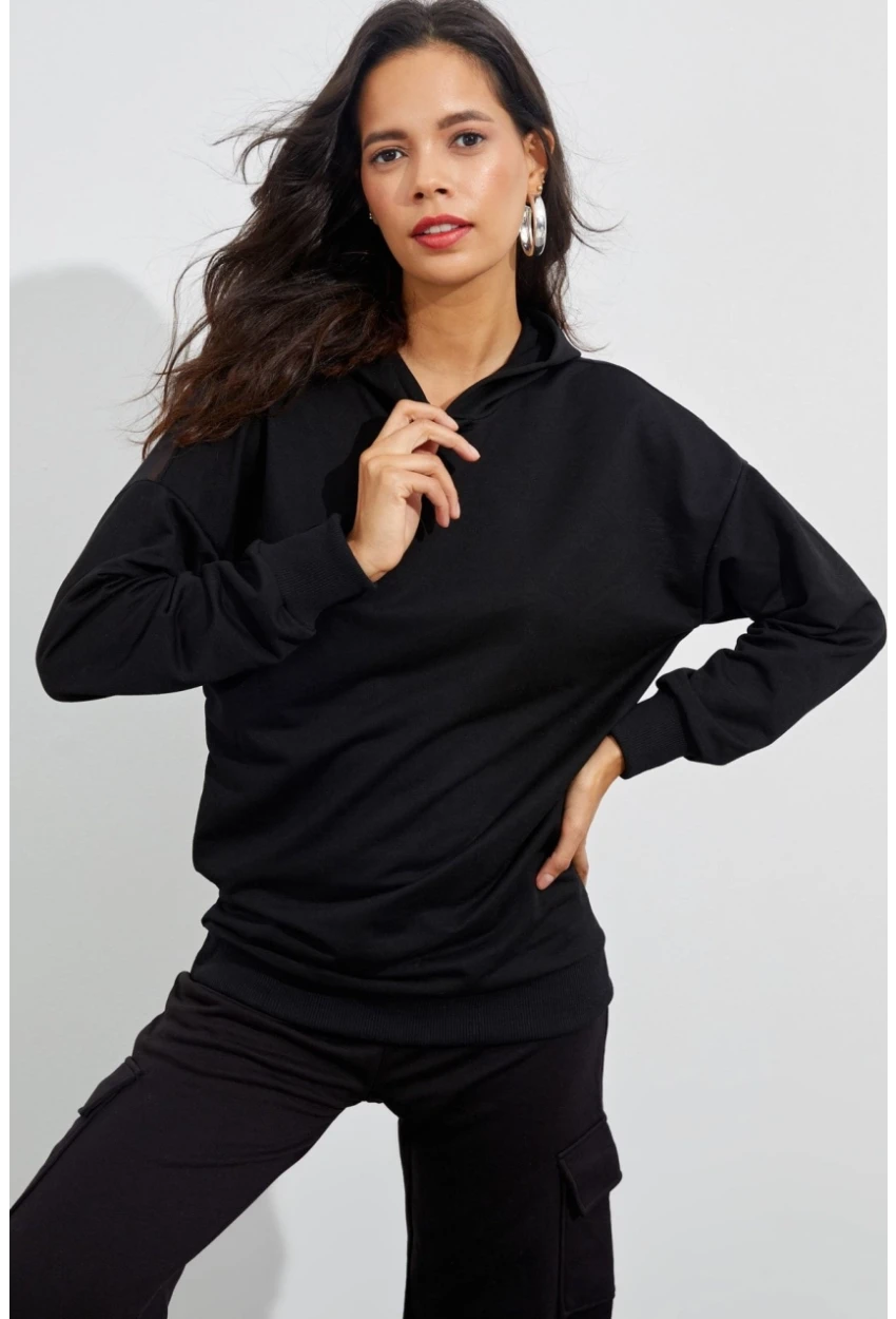 Kadın Siyah Sırtı Tül Kapüşonlu Sweatshirt EY1523
