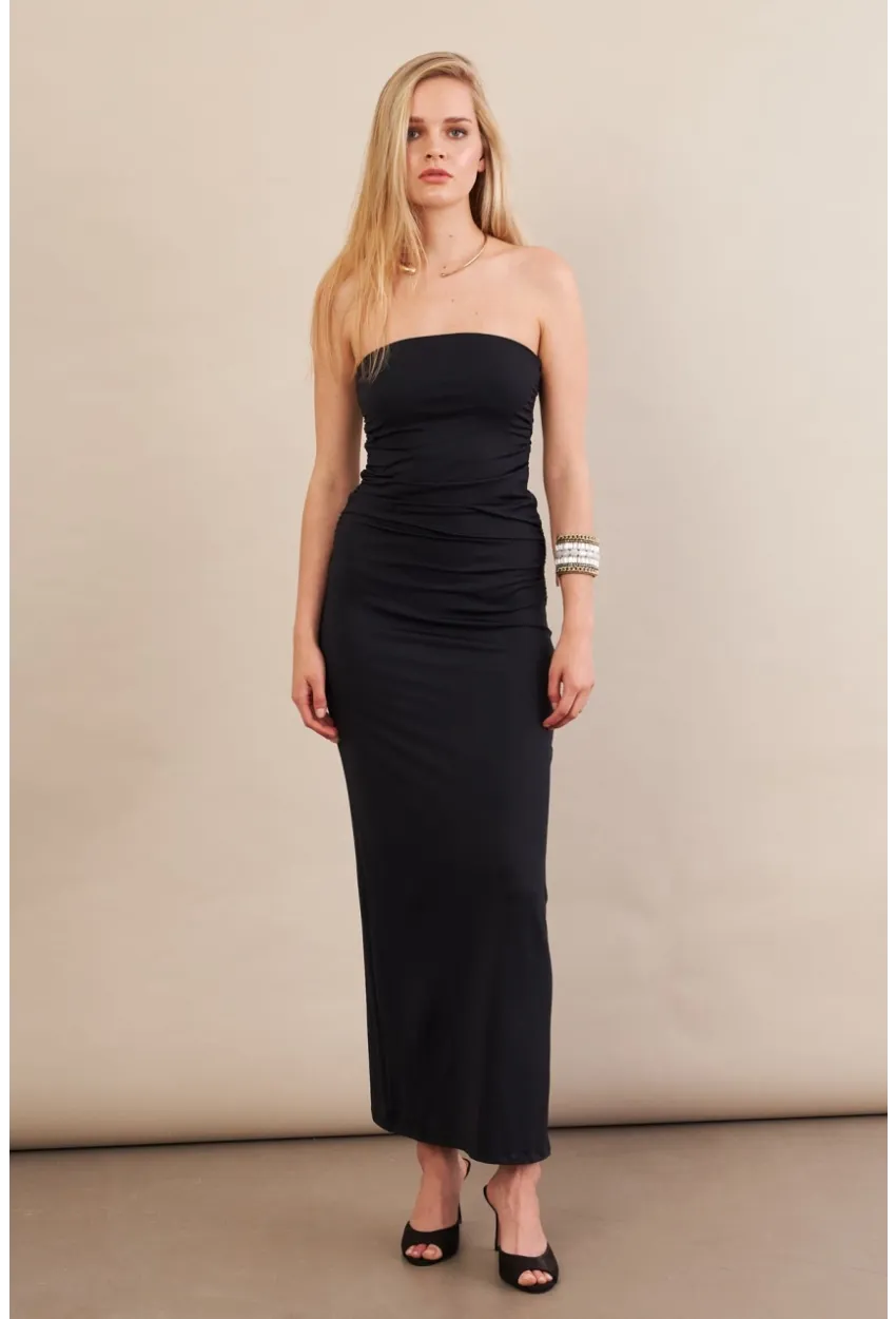 Kadın Siyah Straplez Büzgülü Midi Elbise MX2005
