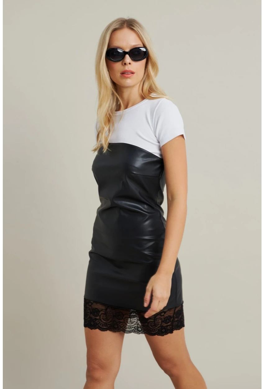 Kadın Siyah Straplez Suni Deri Mini Elbise NH0419
