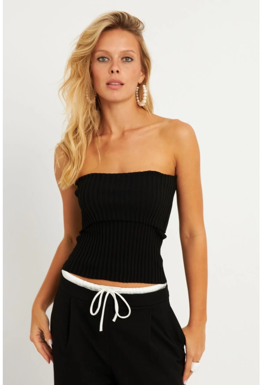 Kadın Siyah Straplez Triko Bluz YV240