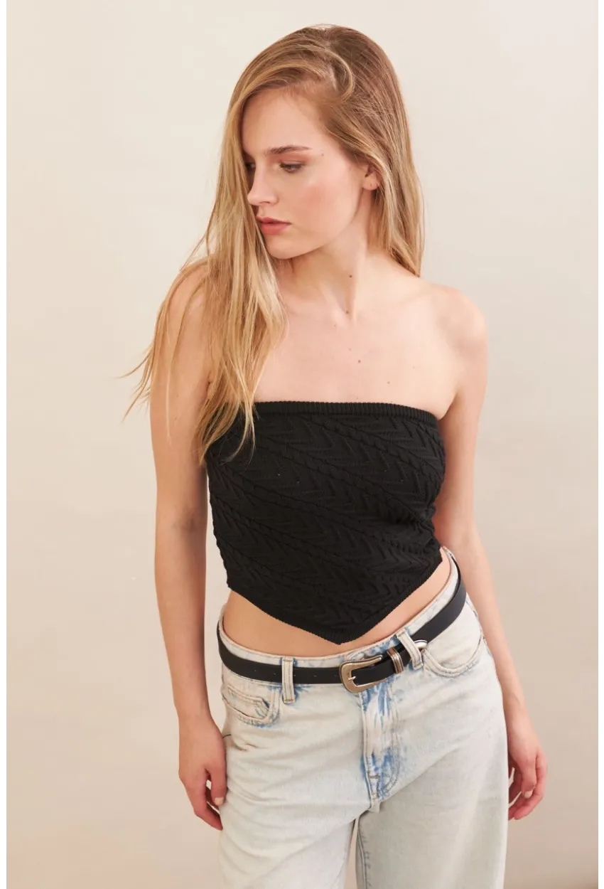 Kadın Siyah Straplez Triko Crop Bluz ZH049