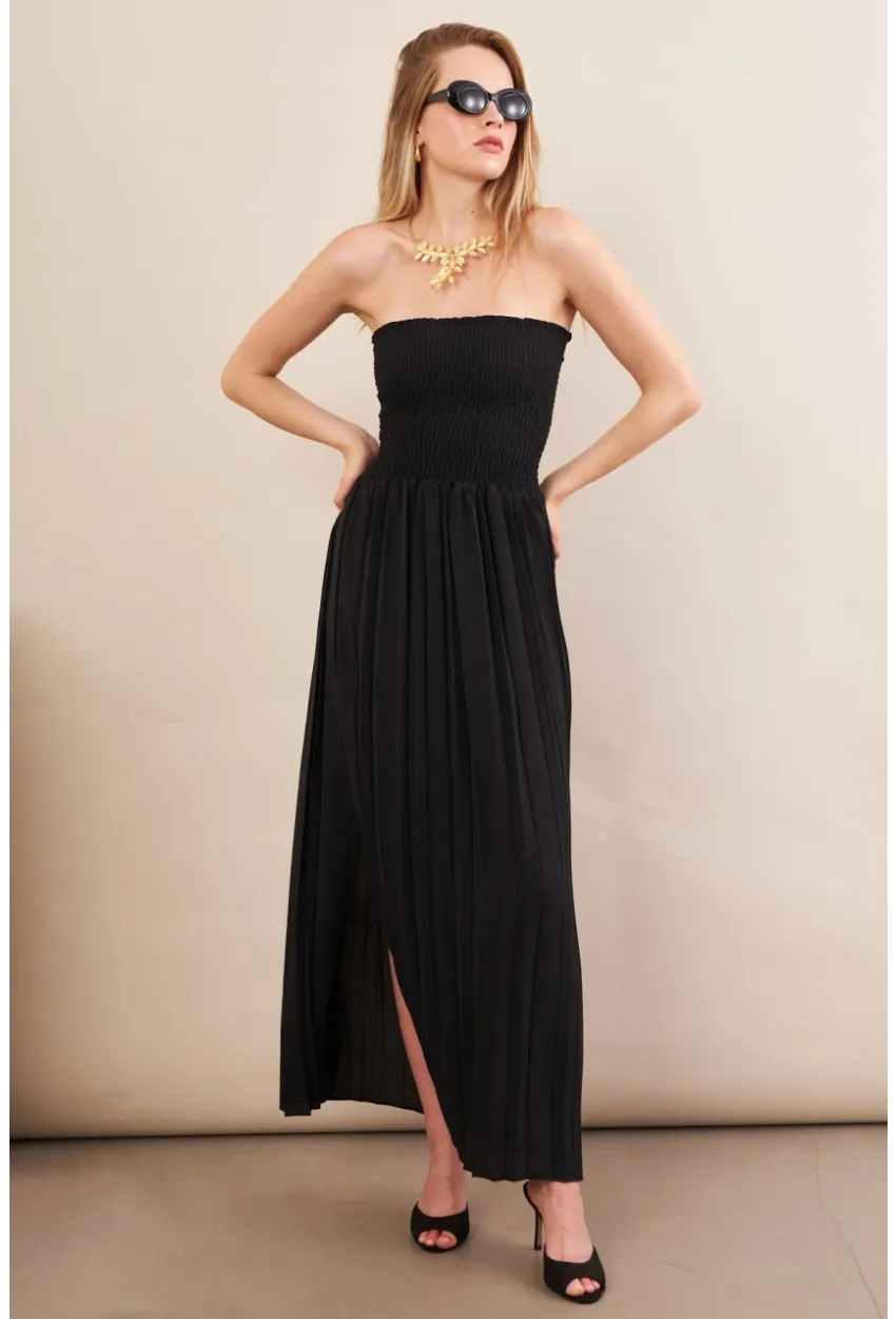 Kadın Siyah Straplez Yaka Midi Elbise MSİ100