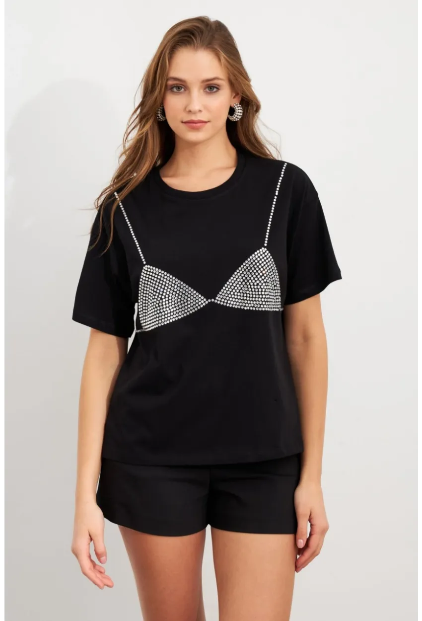 Kadın Siyah Straslı Oversize T-Shirt TPG13
