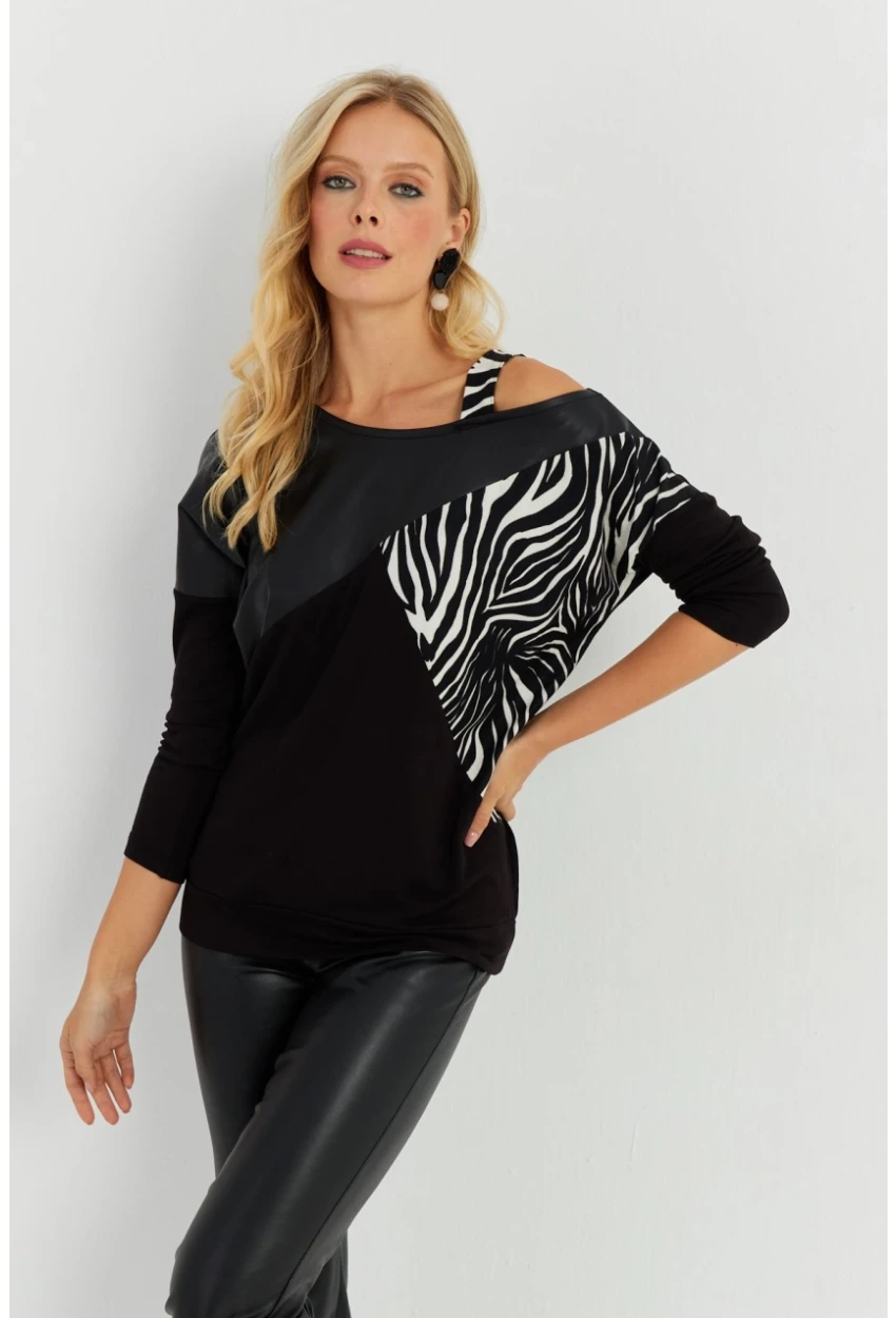 Kadın Siyah Suni Deri Bloklu Bluz ST828