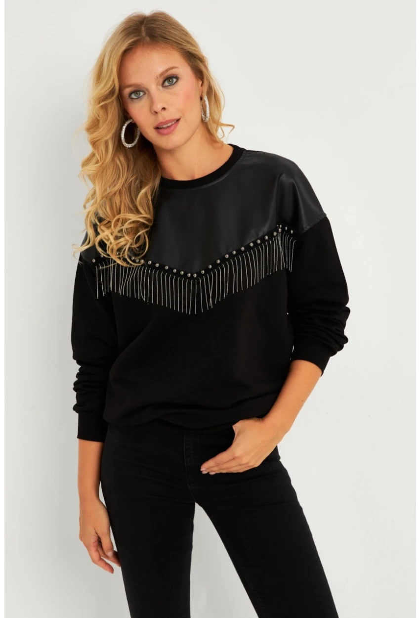 Kadın Siyah Suni Deri Bloklu Sweatshirt PKA808