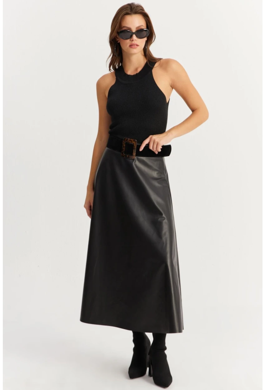 Kadın Siyah Suni Deri Çan Etek ELA113