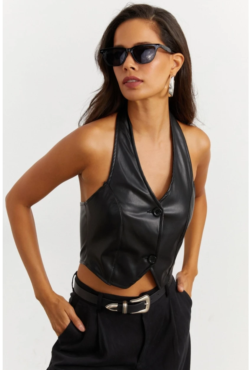 Kadın Siyah Suni Deri Crop Yelek NH41