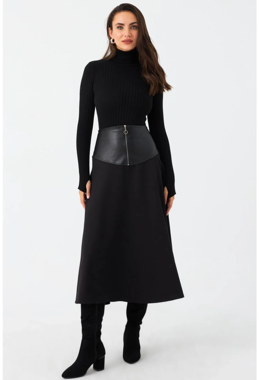 Kadın Siyah Suni Deri Detaylı Çan Etek MNH500