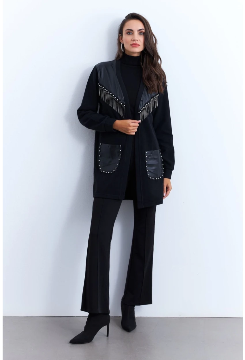 Kadın Siyah Suni Deri Detaylı Zımbalı Hırka MPK809