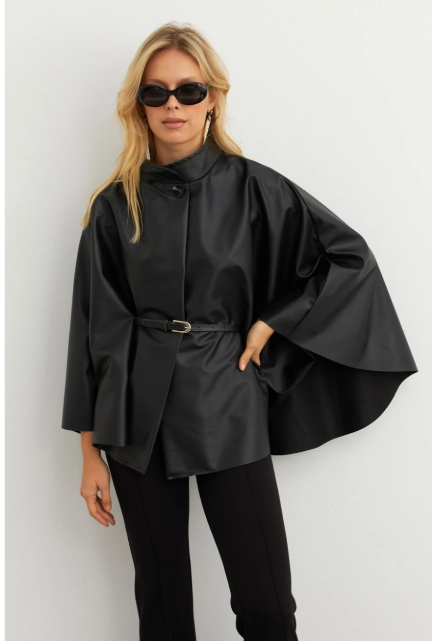 Kadın Siyah Suni Deri Kemerli Panço ELA3084-90