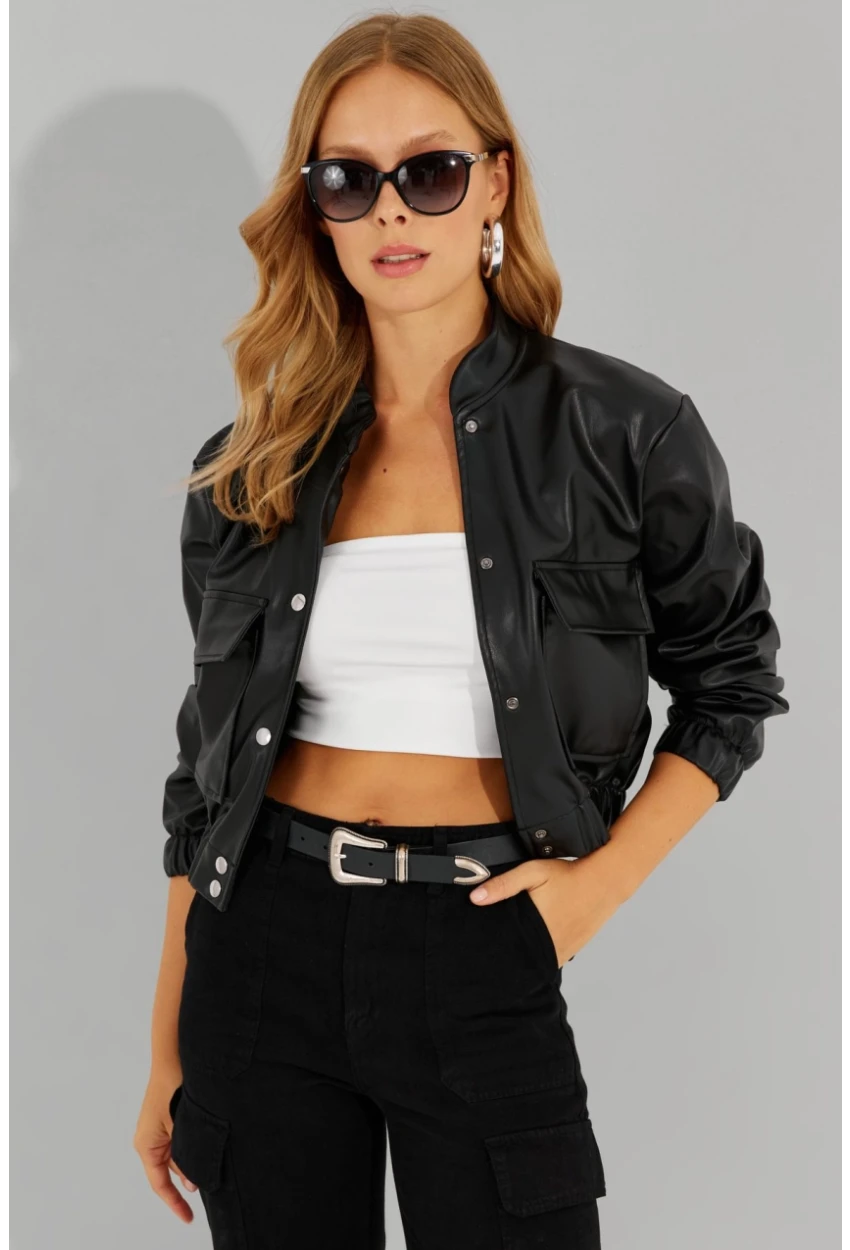 Kadın Siyah Suni Deri Kısa Bomber Ceket LST57