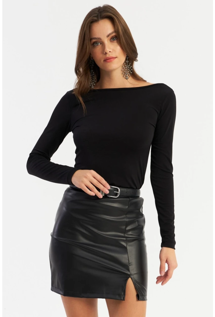 Kadın Siyah Suni Deri Mini Etek FRY2242