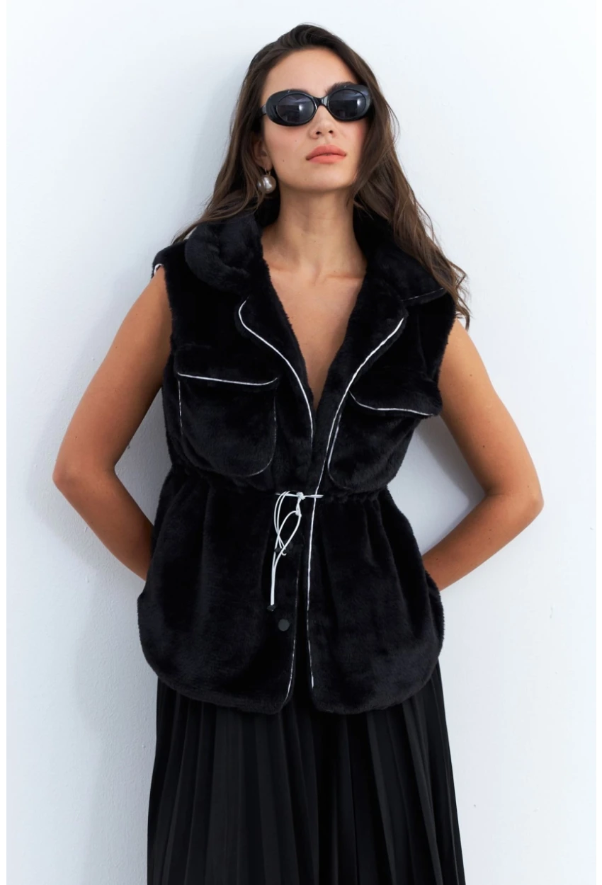 Kadın Siyah Suni Kürk Cepli Yelek MK66