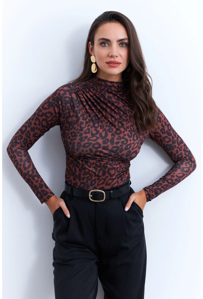 Kadın Siyah-Taba Desenli Büzgülü Bluz LPP1279