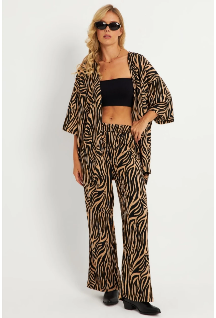 Kadın Siyah -Tarçın Desenli Bürümcük Alt Üst  Takım LON3004