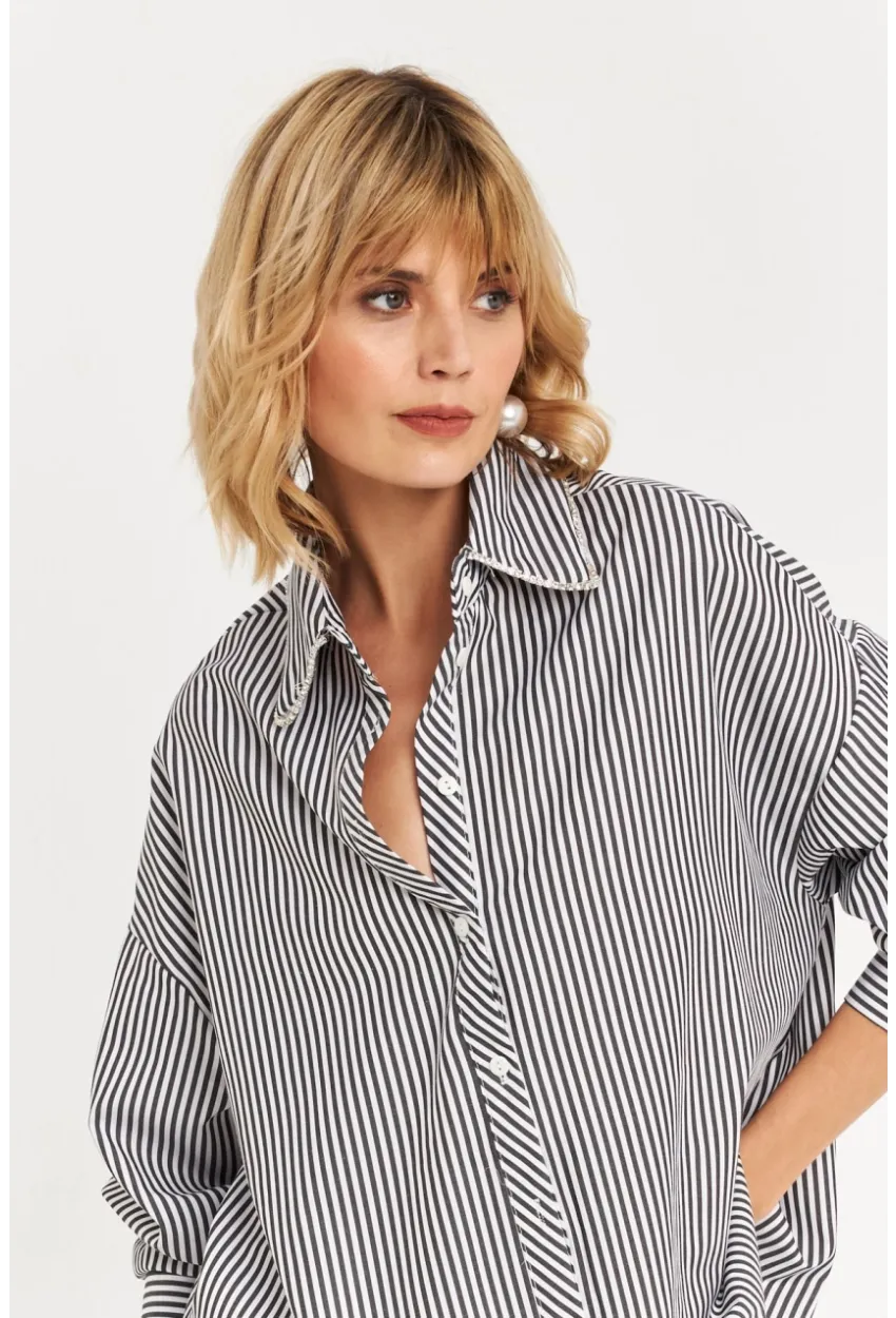Kadın Siyah Taş Detaylı Çizgili Gömlek KED4088