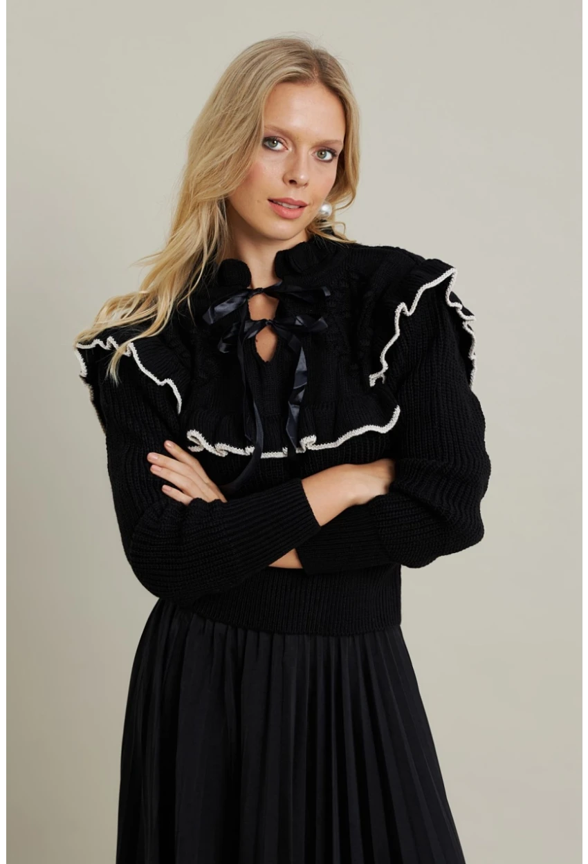 Kadın Siyah-Taş Fırfırlı Triko Bluz MQS1018