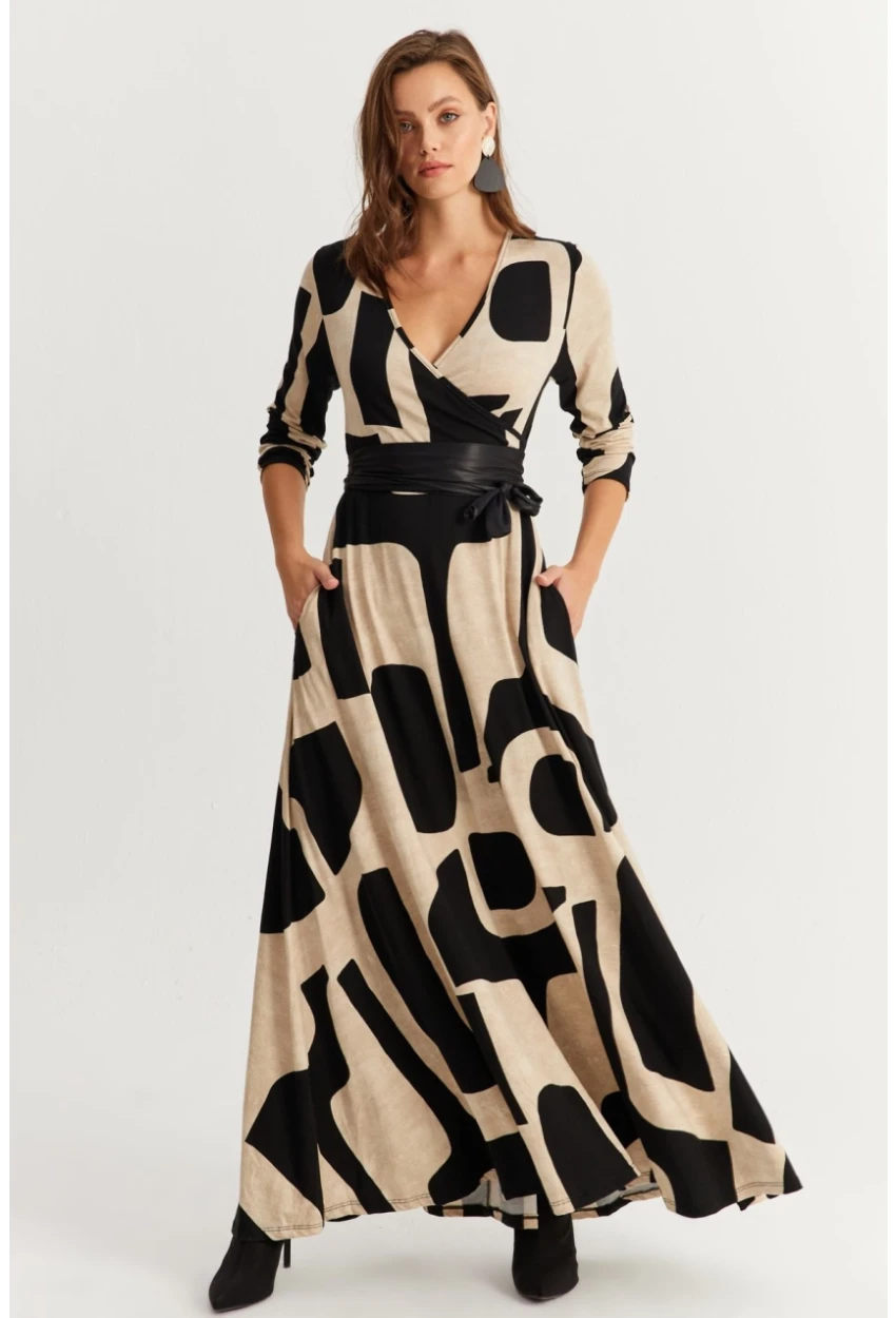 Kadın Siyah-Taş Kruvaze Maxi Elbise VTN3