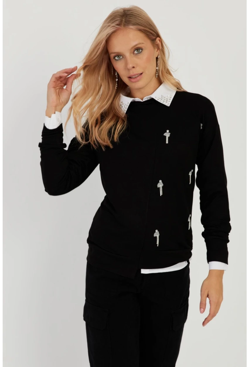 Kadın Siyah Taşlı Bluz MST6024