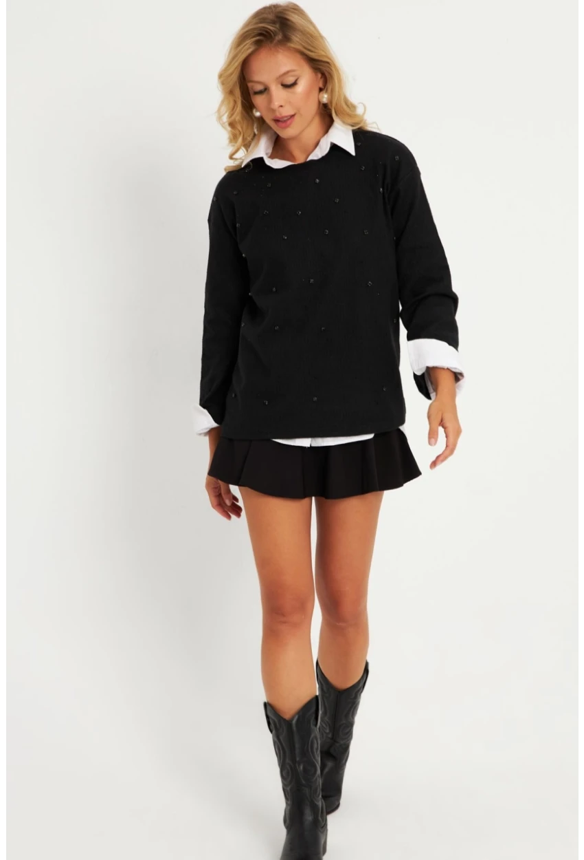 Kadın Siyah Taşlı Bluz YLE41