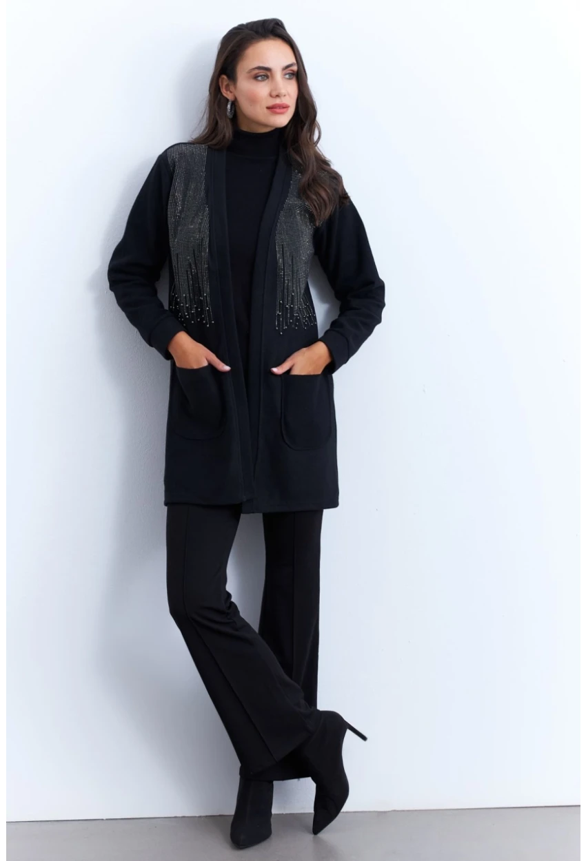 Kadın Siyah Taşlı Cepli Hırka MPK811