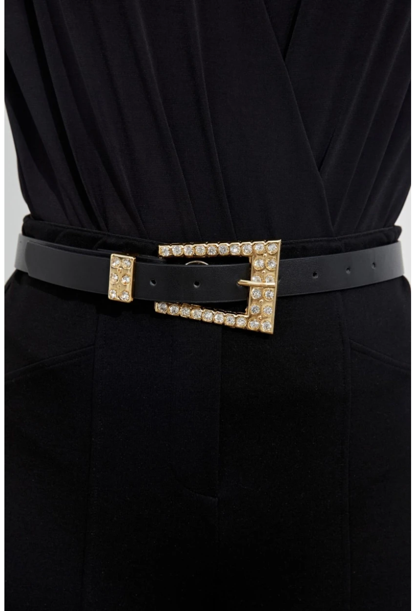 Kadın Siyah Taşlı Gold Tokalı Kemer BE677