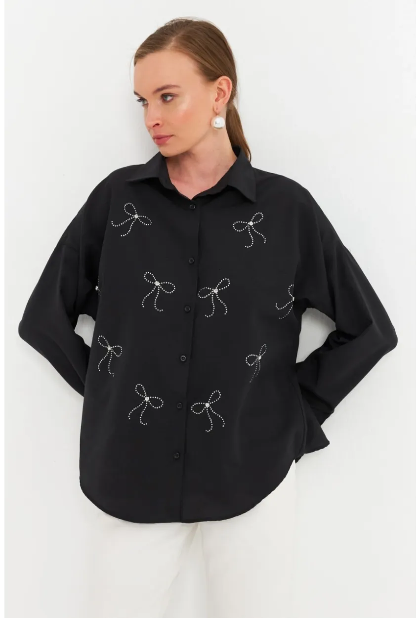 Kadın Siyah Taşlı Gömlek MZER426