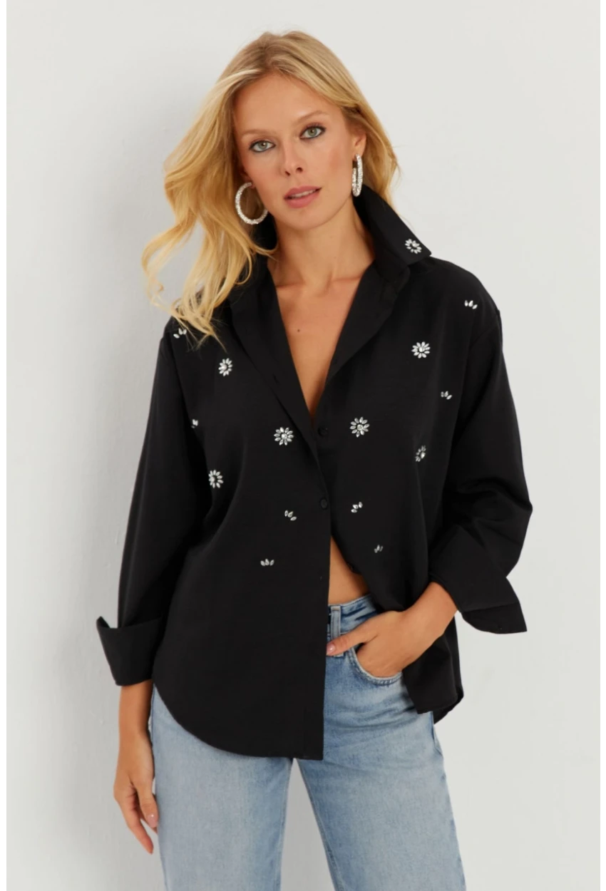 Kadın Siyah Taşlı Gömlek SF2550