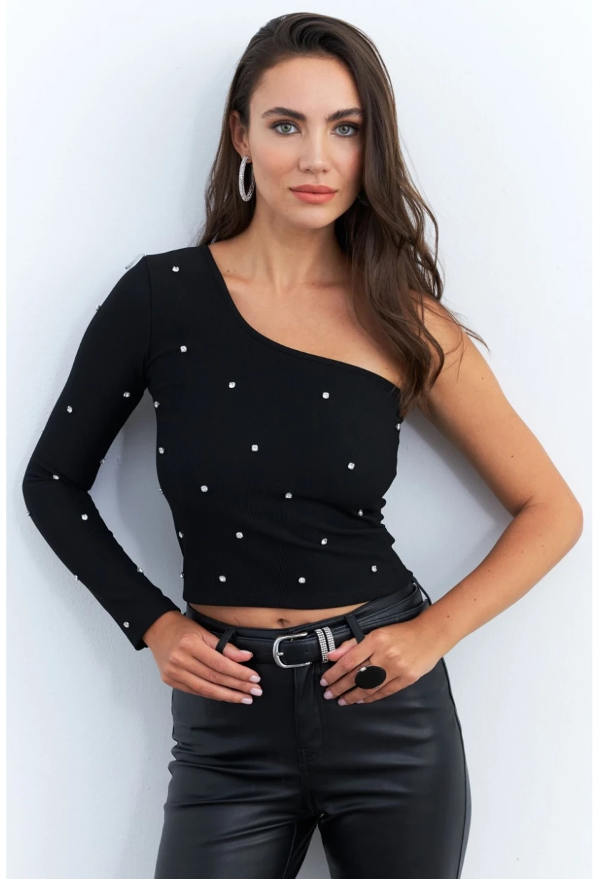 Kadın Siyah Taşlı Tek Kol Crop Bluz HOL2