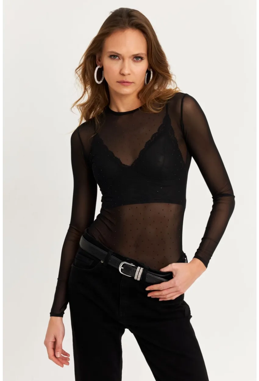 Kadın Siyah Taşlı Tül Body KED2116