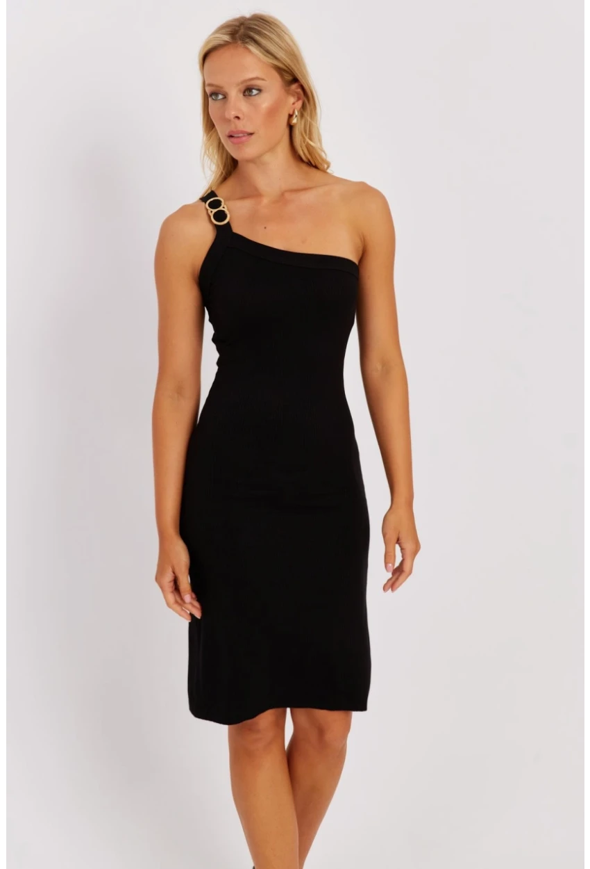 Kadın Siyah Tek Asklı Aksesuarlı Elbise NÇ521