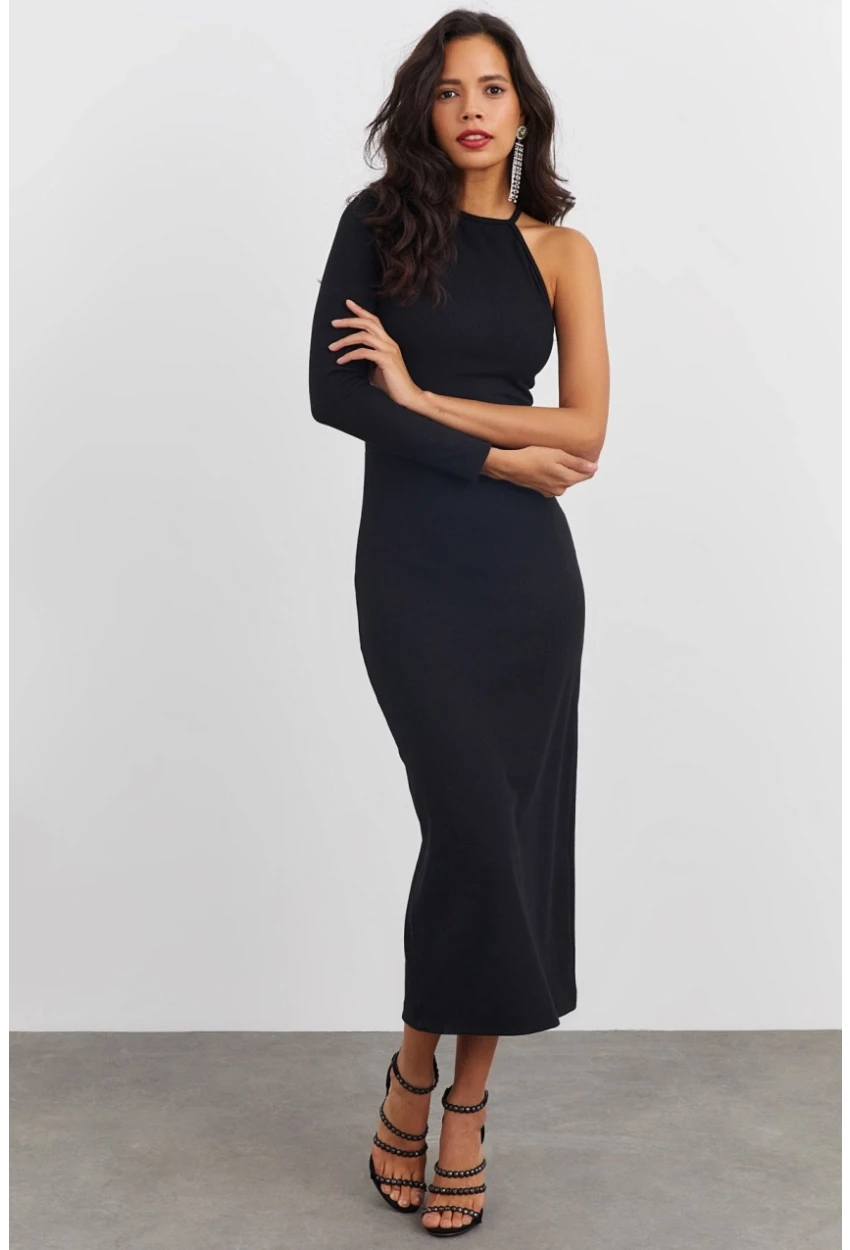 Kadın Siyah Tek Kol Kaşkorse Elbise EY1521