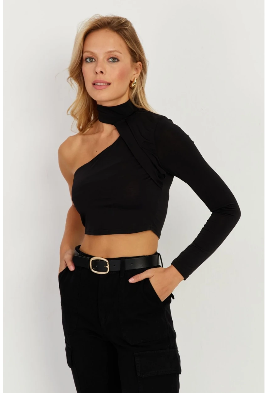 Kadın Siyah Tek Omuz Açık Bluz CY334